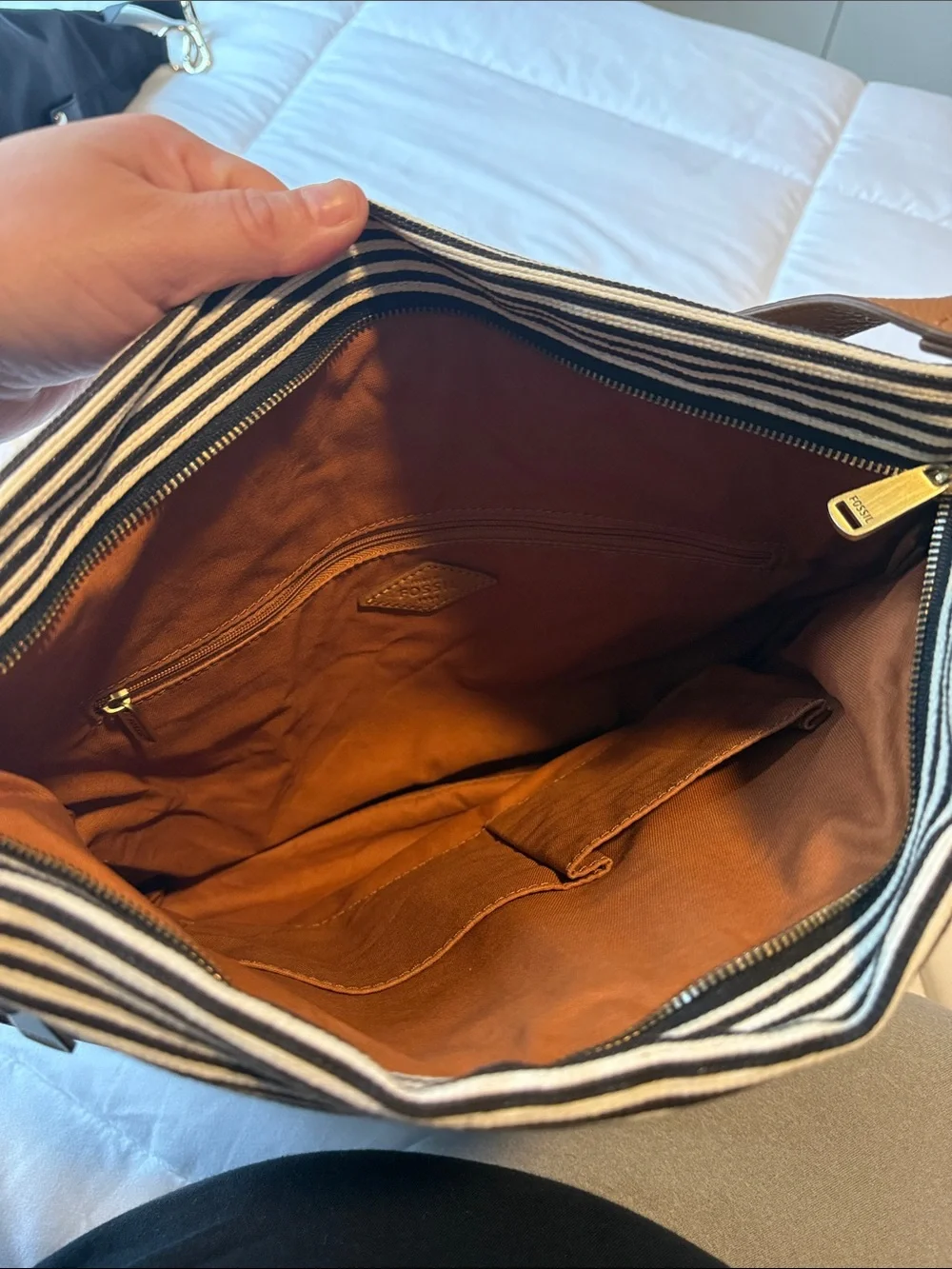 Fossil Black and White Striped Canvas Crossbody with Tan Leather Straps